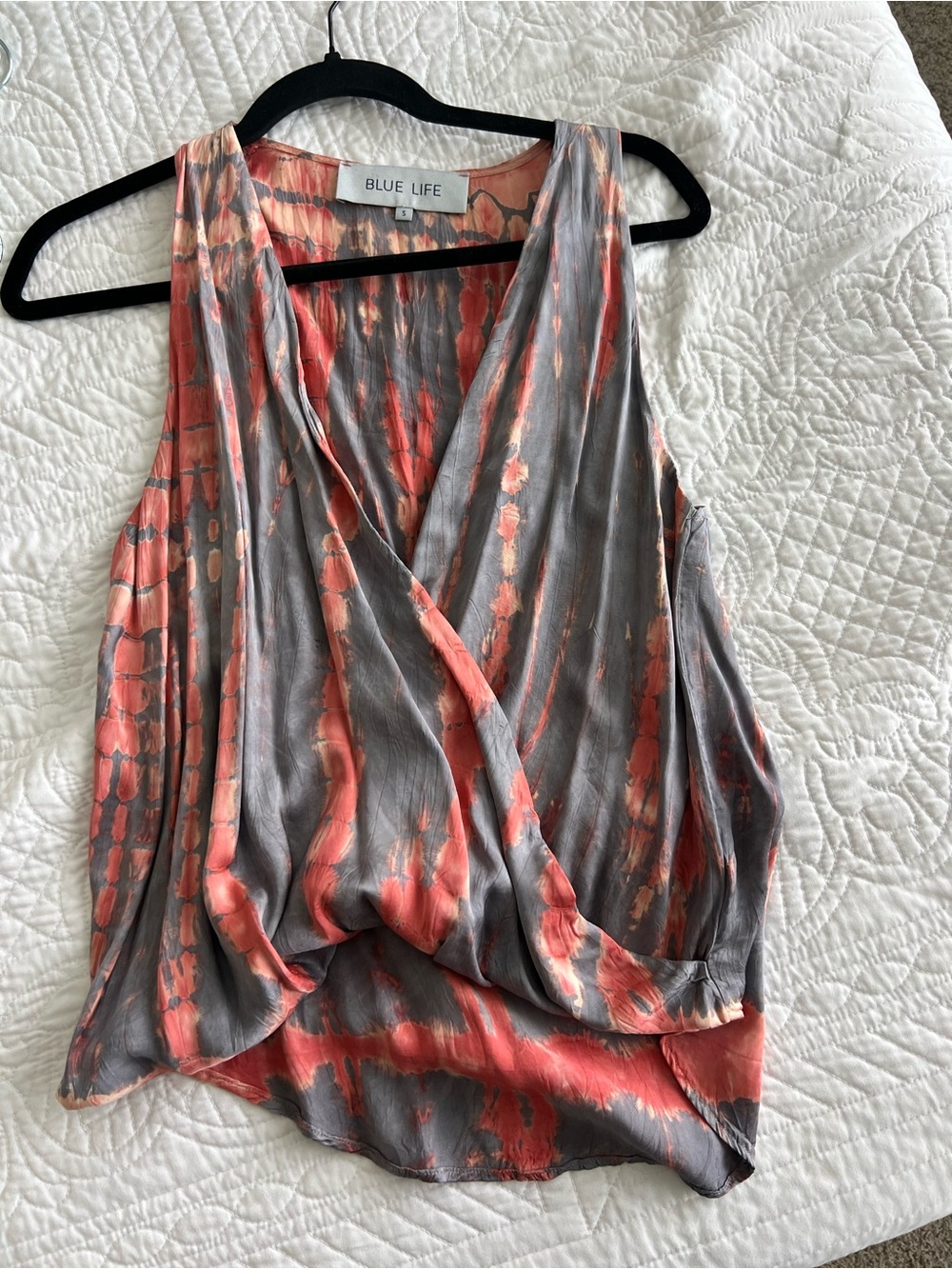 Blue Life Coral & Gray Draped Wrap-Front Top